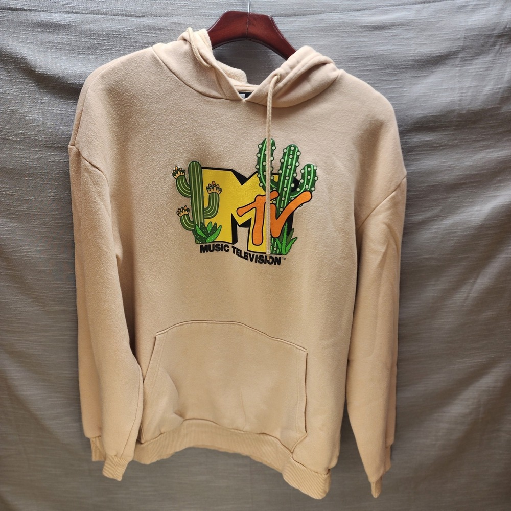 MTV Music Television Cactus Graphic Hoodie Tan Beige Mens Large L Sweatshirt